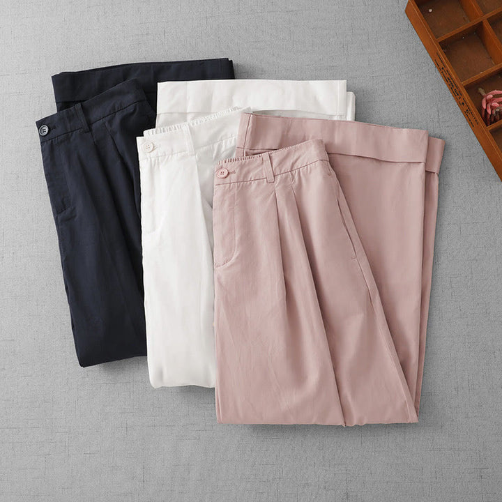 Buddha Stones Casual Plain High Waist Women's Polyester 7-8 Length Wide Leg Pants With Pockets - image 20