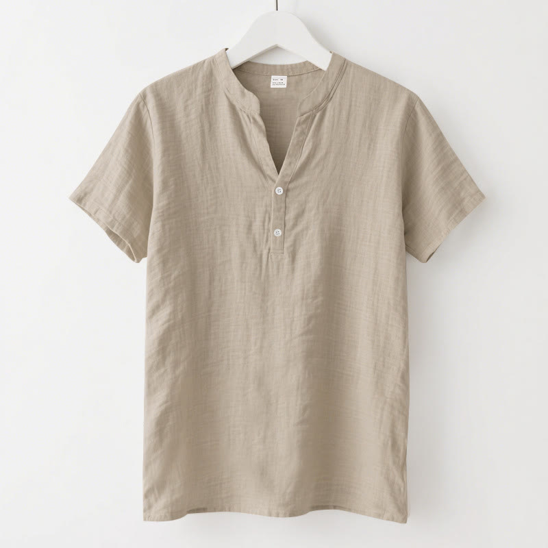 Buddha Stones Solid Summer Short Sleeve Half Buttons Linen Men's Shirt - Wheat - US/UK/AU46，EU56 (3XL) - image 12