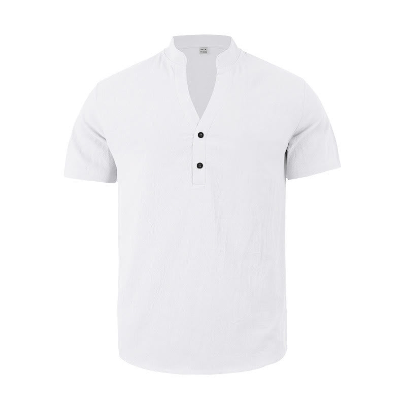 Buddha Stones Solid Summer Short Sleeve Half Buttons Linen Men's Shirt - image 7