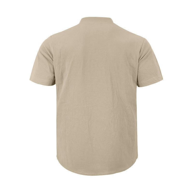 Buddha Stones Solid Summer Short Sleeve Half Buttons Linen Men's Shirt - image 14