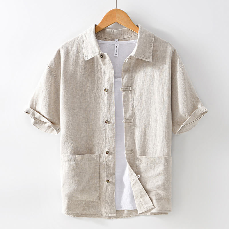 Buddha Stones Solid Summer Short Sleeve Buttons Linen Men's Shirt With Pockets - Linen - US/UK/AU42，EU52 (3XL) - image 0