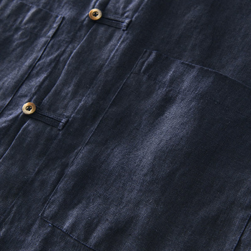 Buddha Stones Solid Summer Short Sleeve Buttons Linen Men's Shirt With Pockets - image 19