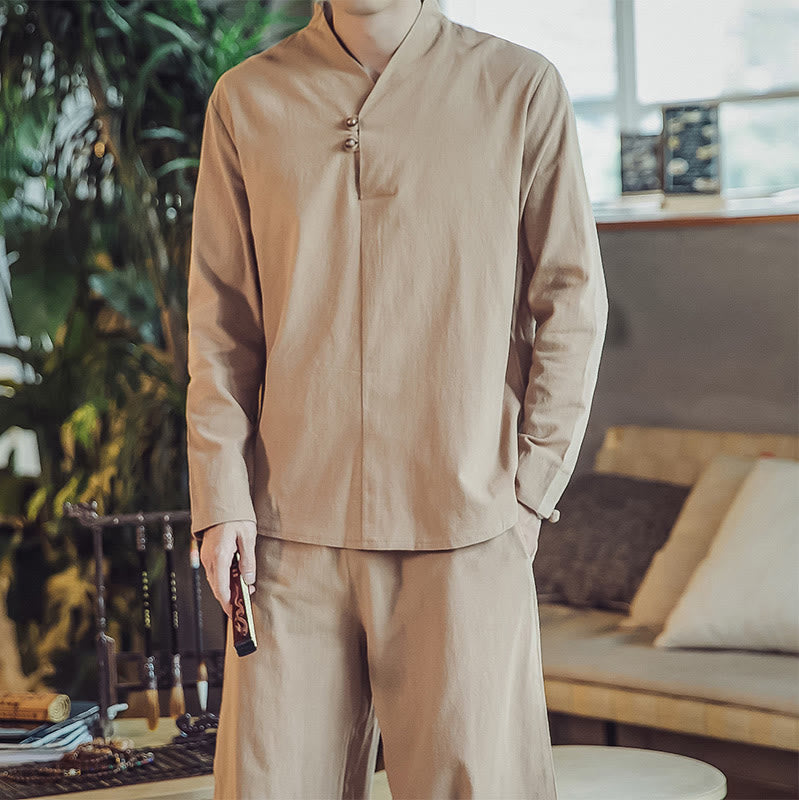 Buddha Stones 2Pcs Cotton Shirt Ankle-Length Pants With Pockets Men's Meditation Cloth Set - image 29