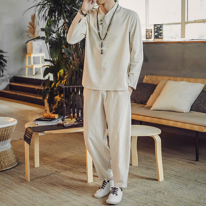 Buddha Stones 2Pcs Cotton Shirt Ankle-Length Pants With Pockets Men's Meditation Cloth Set - image 1