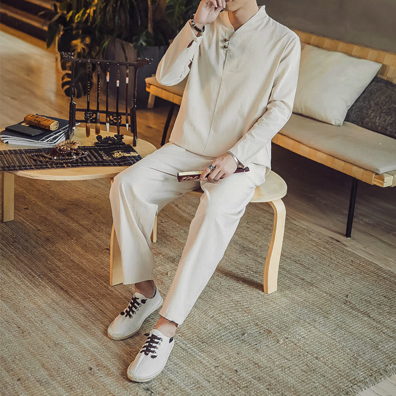 Buddha Stones 2Pcs Cotton Shirt Ankle-Length Pants With Pockets Men's Meditation Cloth Set - image 3