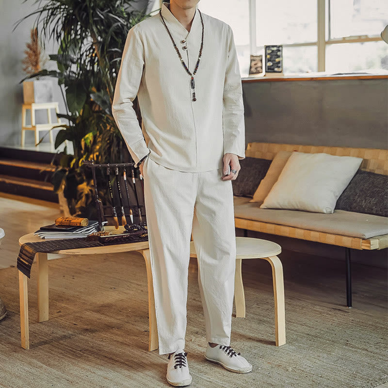 Buddha Stones 2Pcs Cotton Shirt Ankle-Length Pants With Pockets Men's Meditation Cloth Set - image 2