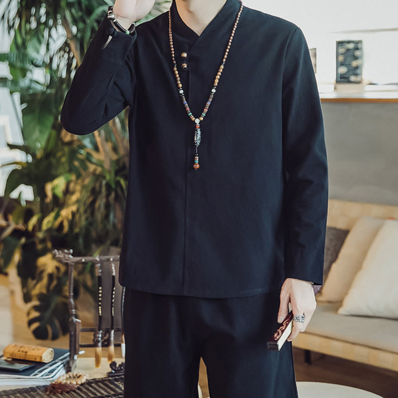 Buddha Stones 2Pcs Cotton Shirt Ankle-Length Pants With Pockets Men's Meditation Cloth Set - image 17