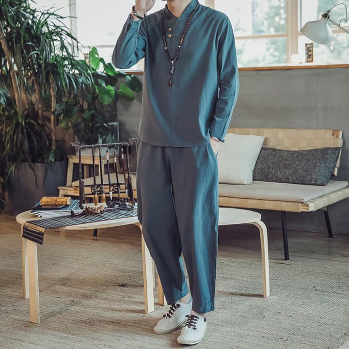 Buddha Stones 2Pcs Cotton Shirt Ankle-Length Pants With Pockets Men's Meditation Cloth Set - image 21
