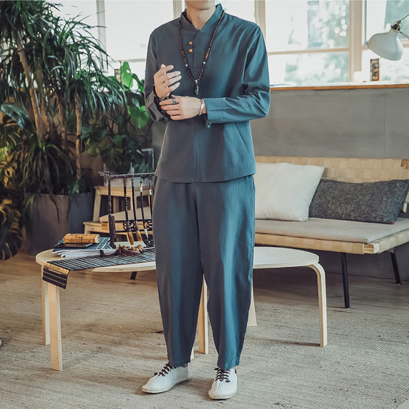 Buddha Stones 2Pcs Cotton Shirt Ankle-Length Pants With Pockets Men's Meditation Cloth Set - image 20