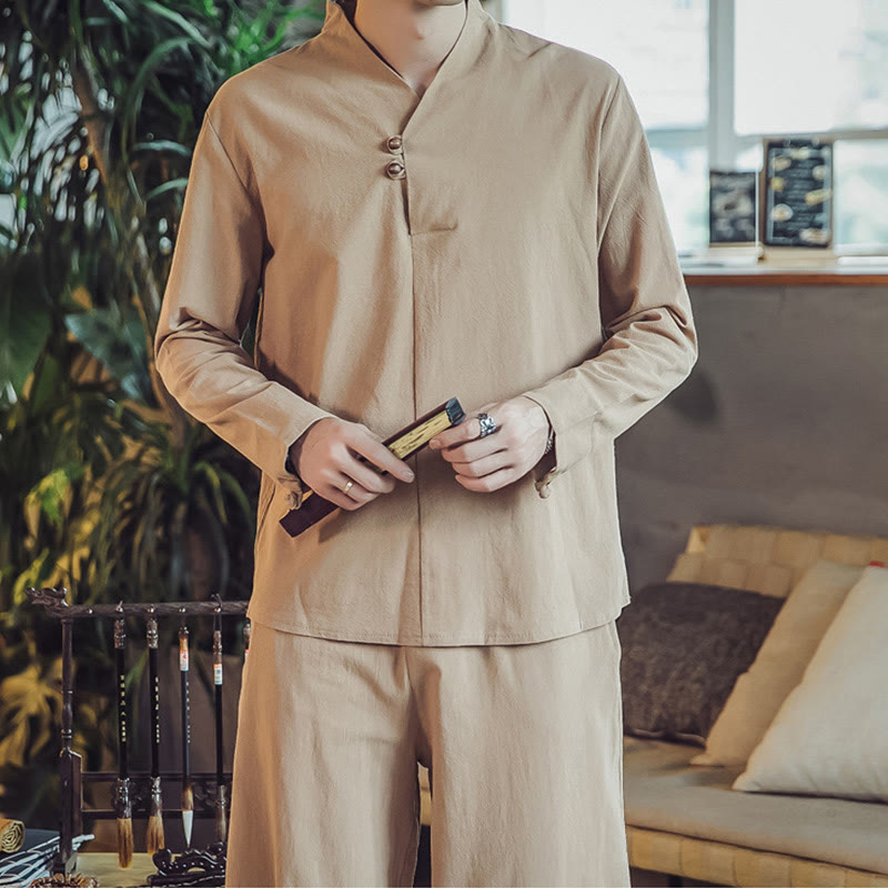 Buddha Stones 2Pcs Cotton Shirt Ankle-Length Pants With Pockets Men's Meditation Cloth Set - image 31