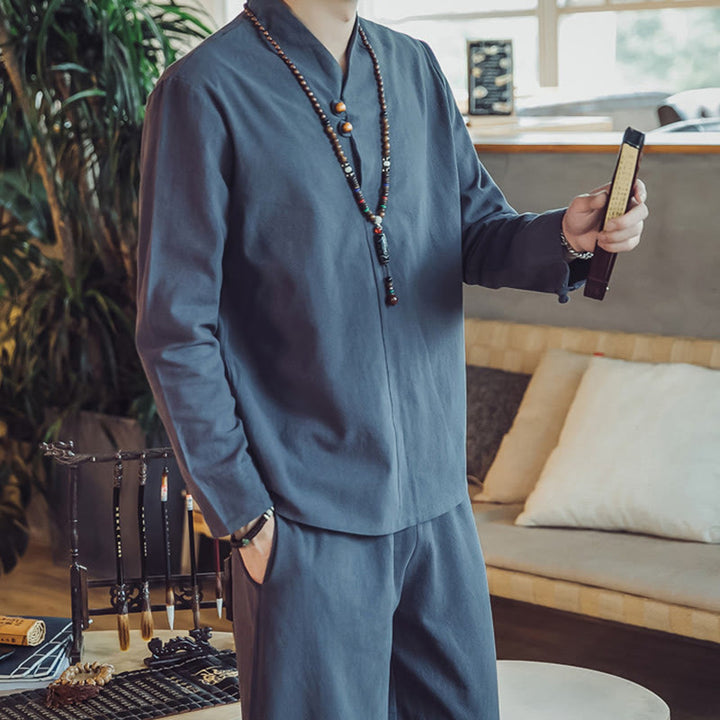 Buddha Stones 2Pcs Cotton Shirt Ankle-Length Pants With Pockets Men's Meditation Cloth Set - image 40