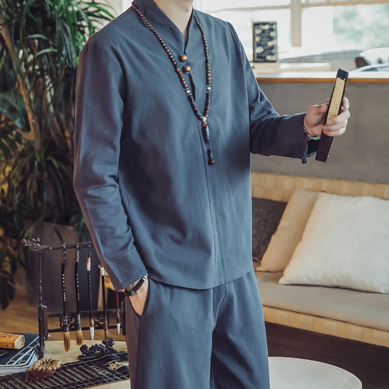 Buddha Stones 2Pcs Cotton Shirt Ankle-Length Pants With Pockets Men's Meditation Cloth Set - image 40