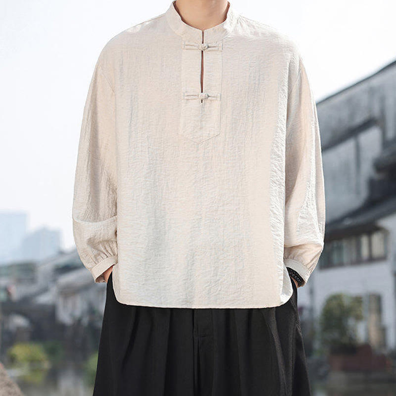 Buddha Stones Two Frog-Button Stand Collar Long Sleeve Men's Cotton Shirt - image 15