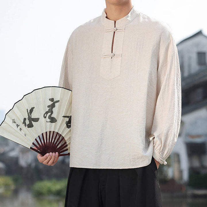 Buddha Stones Two Frog-Button Stand Collar Long Sleeve Men's Cotton Shirt - image 13