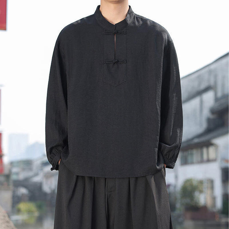 Buddha Stones Two Frog-Button Stand Collar Long Sleeve Men's Cotton Shirt - image 4