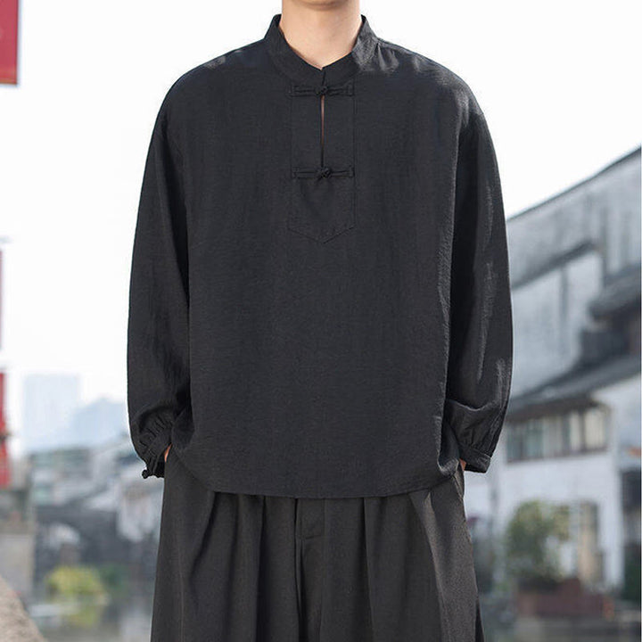 Buddha Stones Two Frog-Button Stand Collar Long Sleeve Men's Cotton Shirt - image 4