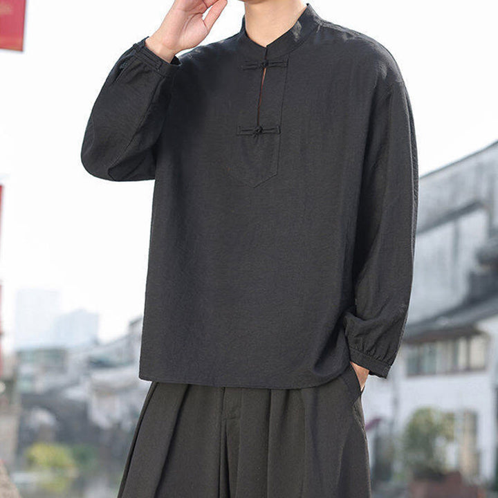 Buddha Stones Two Frog-Button Stand Collar Long Sleeve Men's Cotton Shirt - image 3