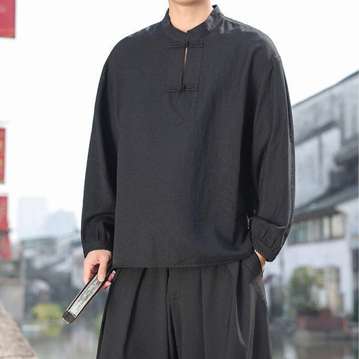 Buddha Stones Two Frog-Button Stand Collar Long Sleeve Men's Cotton Shirt - image 6