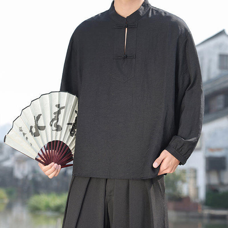 Buddha Stones Two Frog-Button Stand Collar Long Sleeve Men's Cotton Shirt - image 9