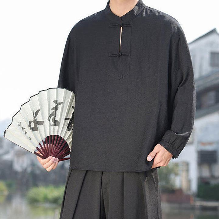 Buddha Stones Two Frog-Button Stand Collar Long Sleeve Men's Cotton Shirt - image 9