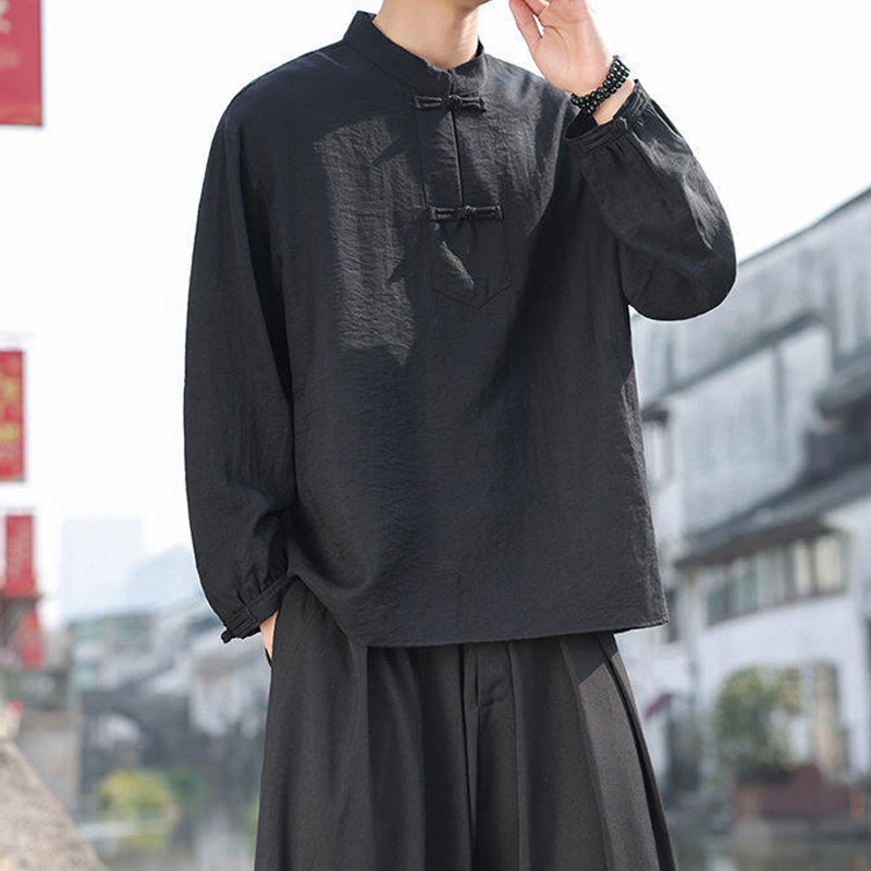 Buddha Stones Two Frog-Button Stand Collar Long Sleeve Men's Cotton Shirt - image 7