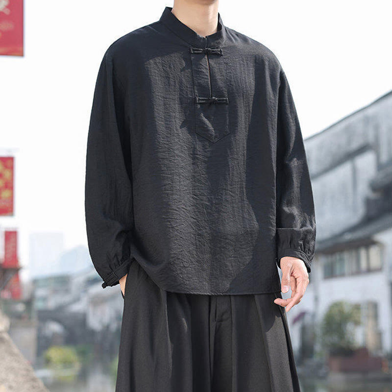 Buddha Stones Two Frog-Button Stand Collar Long Sleeve Men's Cotton Shirt - image 5