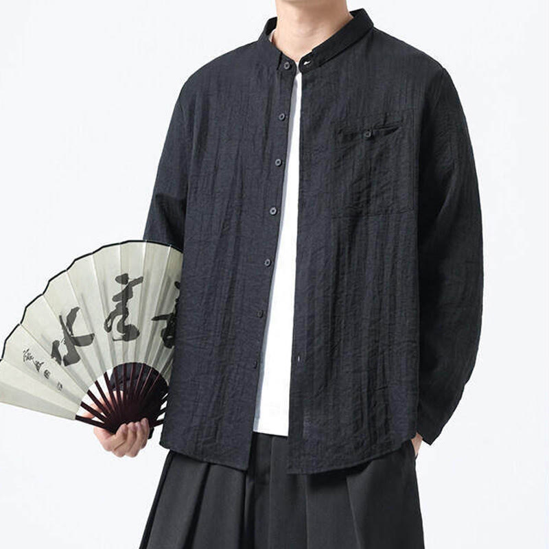 Buddha Stones Vintage Plain Buttons Down Stand Collar Long Sleeve Men's Cotton Shirt - image 13