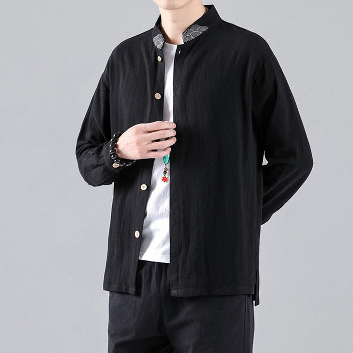 Buddha Stones Embroidered Auspicious Clouds Stand Collar Button Down Long Sleeve Men's Cotton Shirt - Black - US/UK/AU46，EU56 (5XL) - image 1