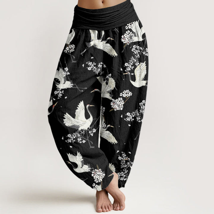 Buddha Stones Cotton Casual Elegant Crane Flower Pattern Women's Elastic Waist Harem Pants - Black - US22，UK/AU26，EU54 (6XL) - image 0