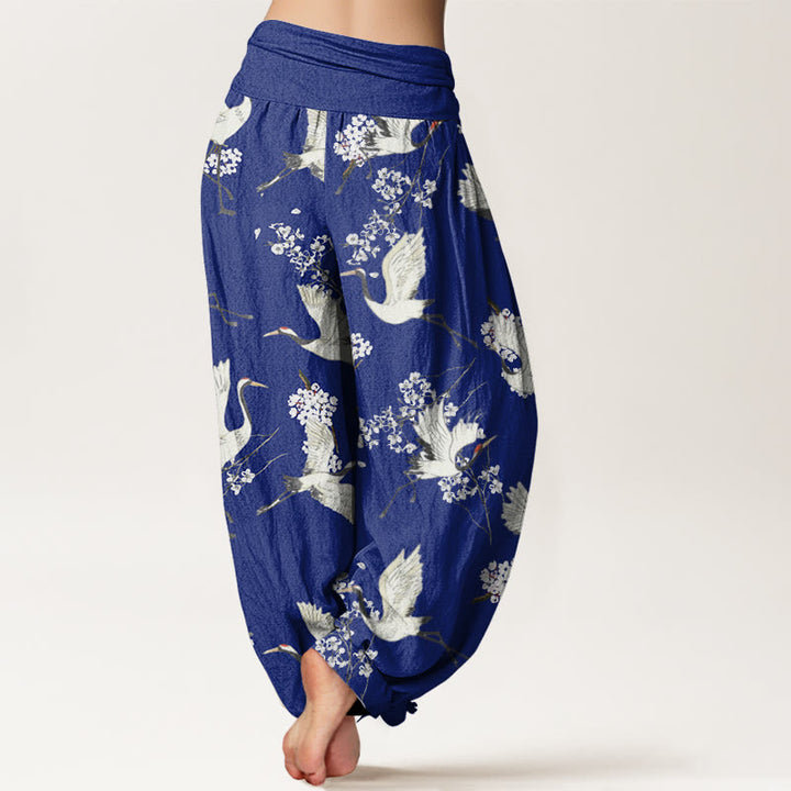 Buddha Stones Cotton Casual Elegant Crane Flower Pattern Women's Elastic Waist Harem Pants - image 6