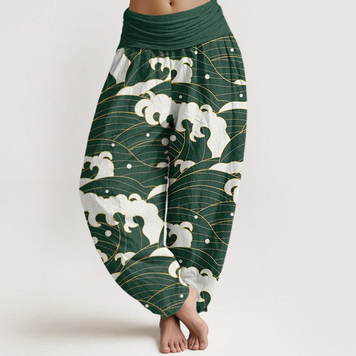 Buddha Stones Cotton Casual Abstract Wave Pattern Women's Elastic Waist Harem Pants - Green - US22，UK/AU26，EU54 (6XL) - image 4