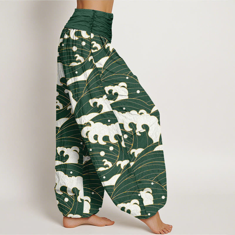 Buddha Stones Cotton Casual Abstract Wave Pattern Women's Elastic Waist Harem Pants - image 5