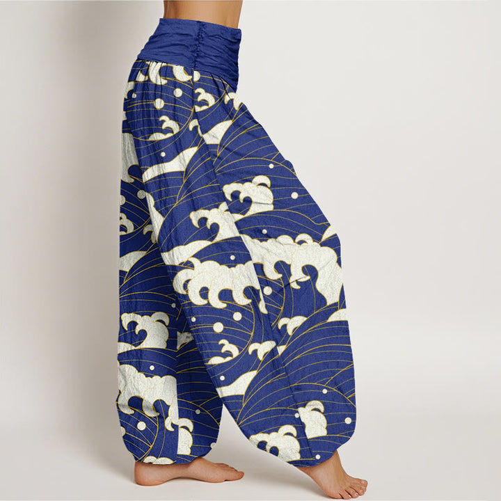Buddha Stones Cotton Casual Abstract Wave Pattern Women's Elastic Waist Harem Pants - image 8
