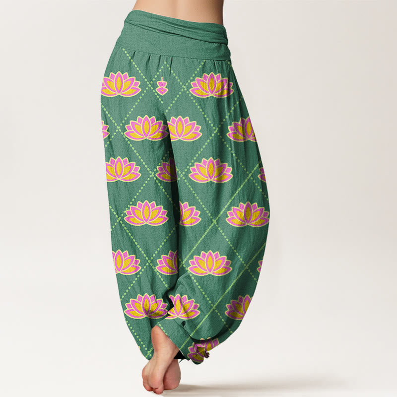 Buddha Stones Cotton Casual Vibrant Lotus Flower Pattern Women's Elastic Waist Harem Pants - image 2