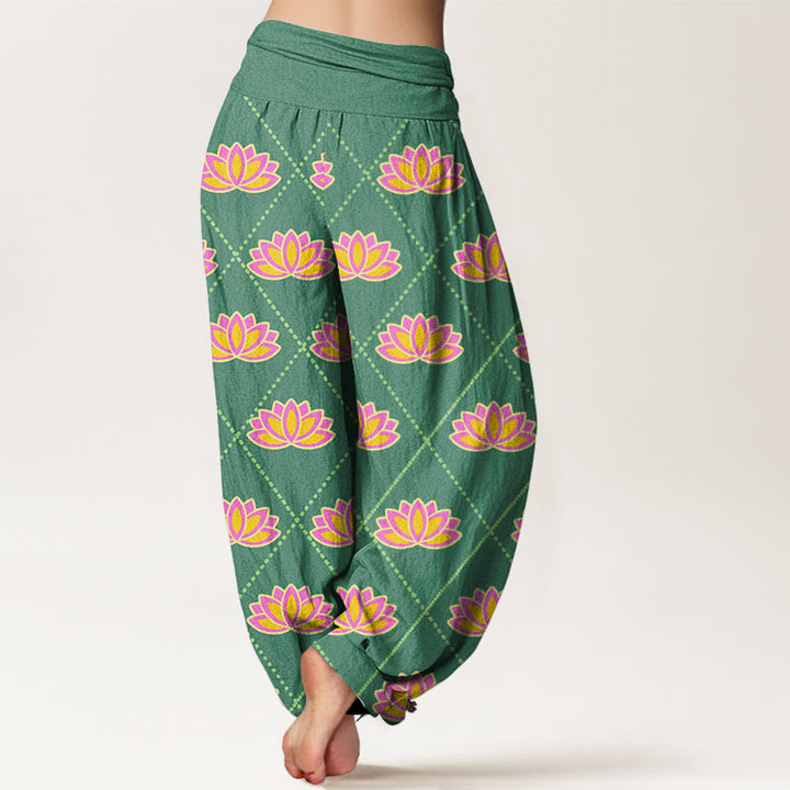 Buddha Stones Cotton Casual Vibrant Lotus Flower Pattern Women's Elastic Waist Harem Pants - image 2