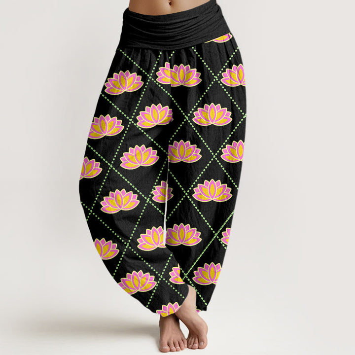 Buddha Stones Cotton Casual Vibrant Lotus Flower Pattern Women's Elastic Waist Harem Pants - Black - US22，UK/AU26，EU54 (6XL) - image 4