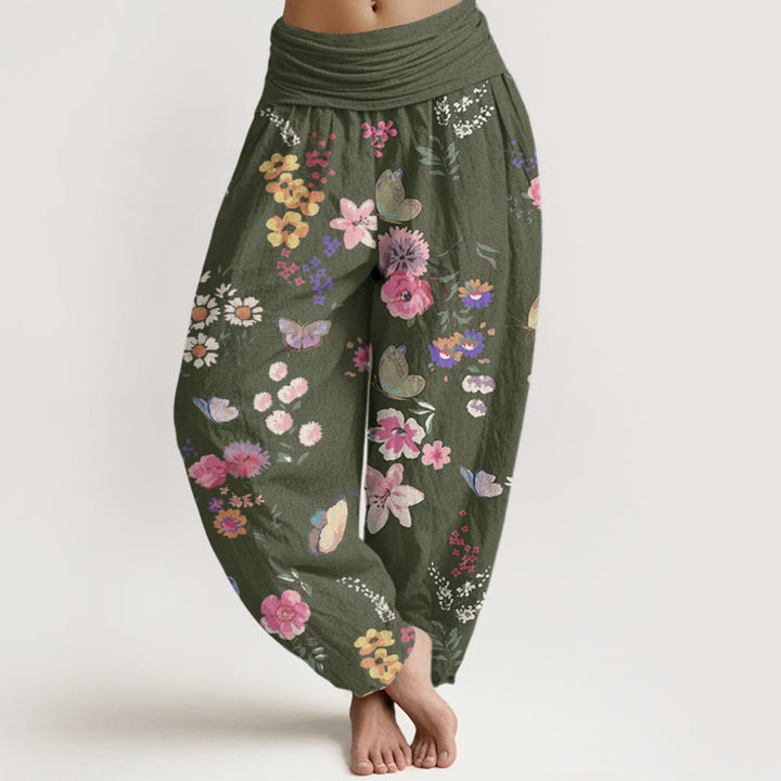 Buddha Stones Cotton Casual Colorful Flowers Butterfly Pattern Women's Elastic Waist Harem Pants - DarkOliveGreen - US22，UK/AU26，EU54 (6XL) - image 4