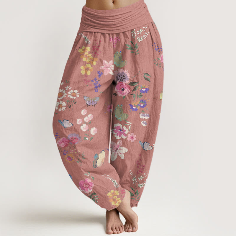Buddha Stones Cotton Casual Colorful Flowers Butterfly Pattern Women's Elastic Waist Harem Pants - PaleVioletRed - US22，UK/AU26，EU54 (6XL) - image 7