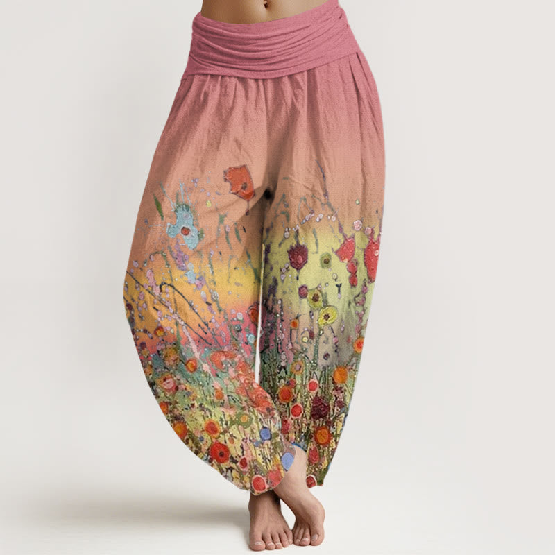 Buddha Stones Cotton Casual Colorful Flowers Gradient Background Pattern Women's Elastic Waist Harem Pants - LightCoral - US22，UK/AU26，EU54 (6XL) - image 0