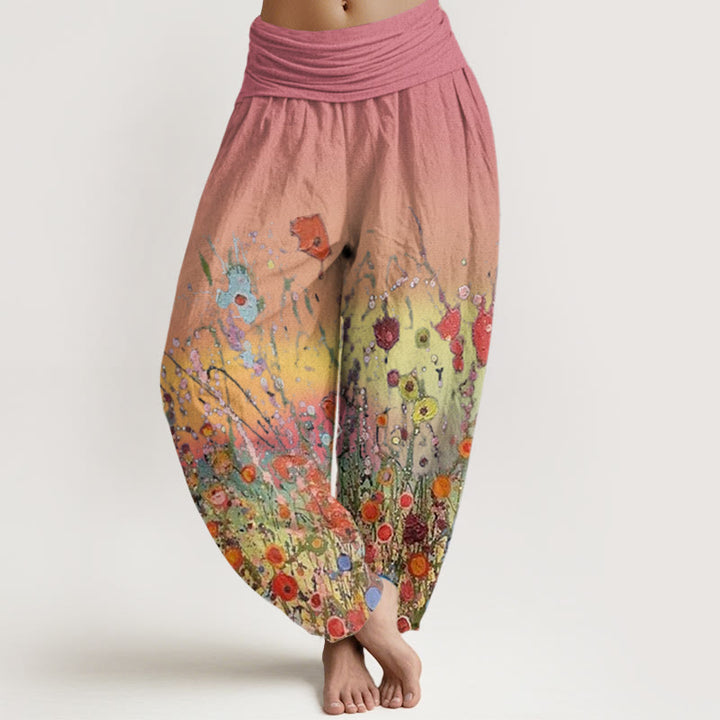 Buddha Stones Cotton Casual Colorful Flowers Gradient Background Pattern Women's Elastic Waist Harem Pants - LightCoral - US22，UK/AU26，EU54 (6XL) - image 0