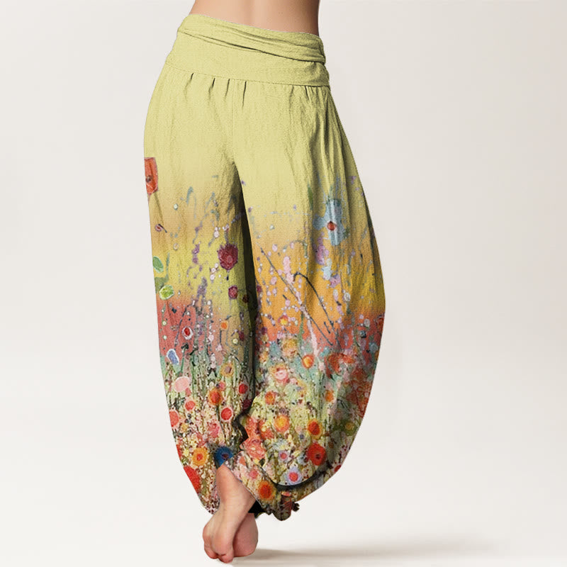 Buddha Stones Cotton Casual Colorful Flowers Gradient Background Pattern Women's Elastic Waist Harem Pants - image 6