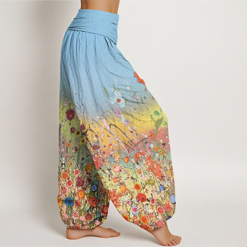 Buddha Stones Cotton Casual Colorful Flowers Gradient Background Pattern Women's Elastic Waist Harem Pants - image 8