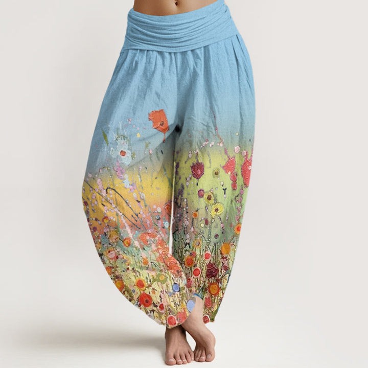 Buddha Stones Cotton Casual Colorful Flowers Gradient Background Pattern Women's Elastic Waist Harem Pants - LightSkyBlue - US22，UK/AU26，EU54 (6XL) - image 7