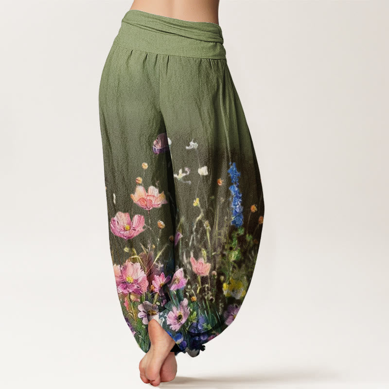 Buddha Stones Cotton Casual Watercolor Style Floral Pattern Women's Elastic Waist Harem Pants - image 6