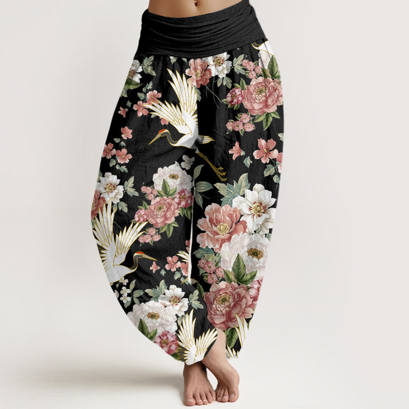 Buddha Stones Cotton Casual Cranes Blooming Peony Pattern Women's Elastic Waist Harem Pants - Black - US22，UK/AU26，EU54 (6XL) - image 0
