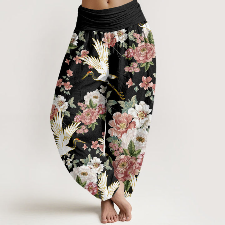 Buddha Stones Cotton Casual Cranes Blooming Peony Pattern Women's Elastic Waist Harem Pants - Black - US22，UK/AU26，EU54 (6XL) - image 0