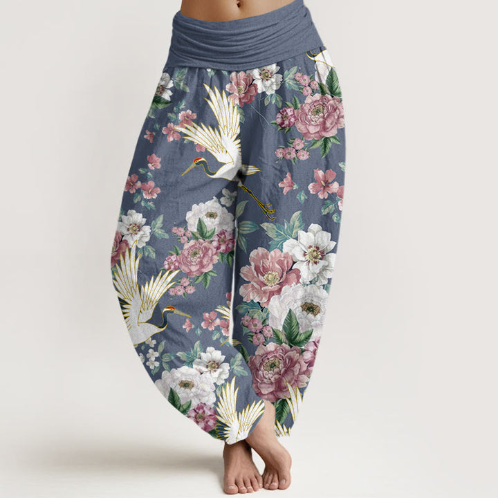Buddha Stones Cotton Casual Cranes Blooming Peony Pattern Women's Elastic Waist Harem Pants - CornflowerBlue - US22，UK/AU26，EU54 (6XL) - image 4