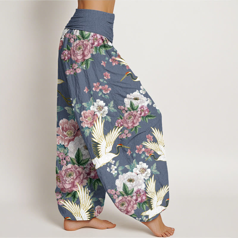Buddha Stones Cotton Casual Cranes Blooming Peony Pattern Women's Elastic Waist Harem Pants - image 5