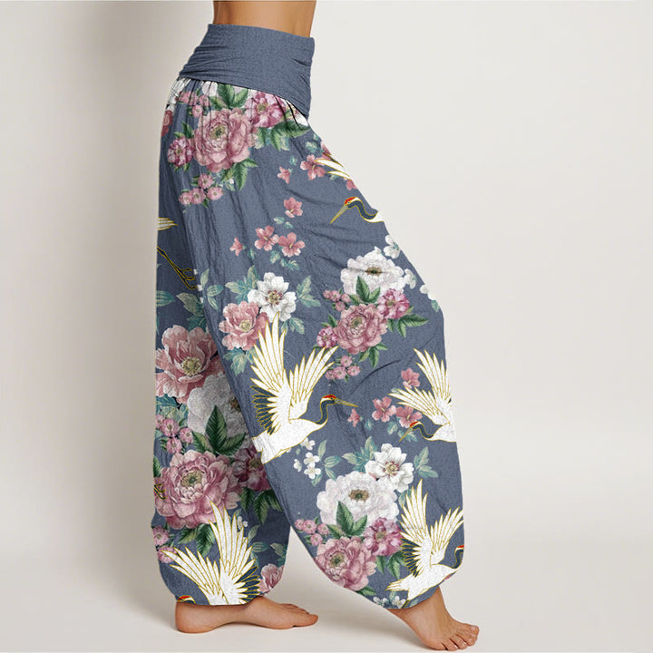 Buddha Stones Cotton Casual Cranes Blooming Peony Pattern Women's Elastic Waist Harem Pants - image 5