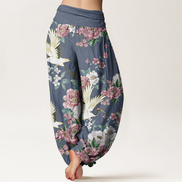 Buddha Stones Cotton Casual Cranes Blooming Peony Pattern Women's Elastic Waist Harem Pants - image 6